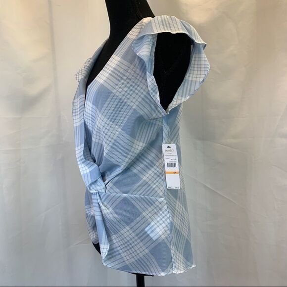 FRONT knot wrap plaid check blouse ruffle sleeve Blue white Sz S NWT - Picture 5 of 11